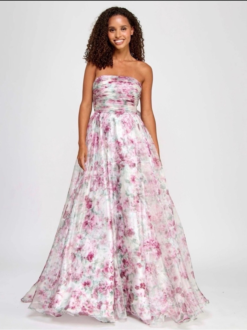 Macy's Strapless Pink & White Floral Ball Gown